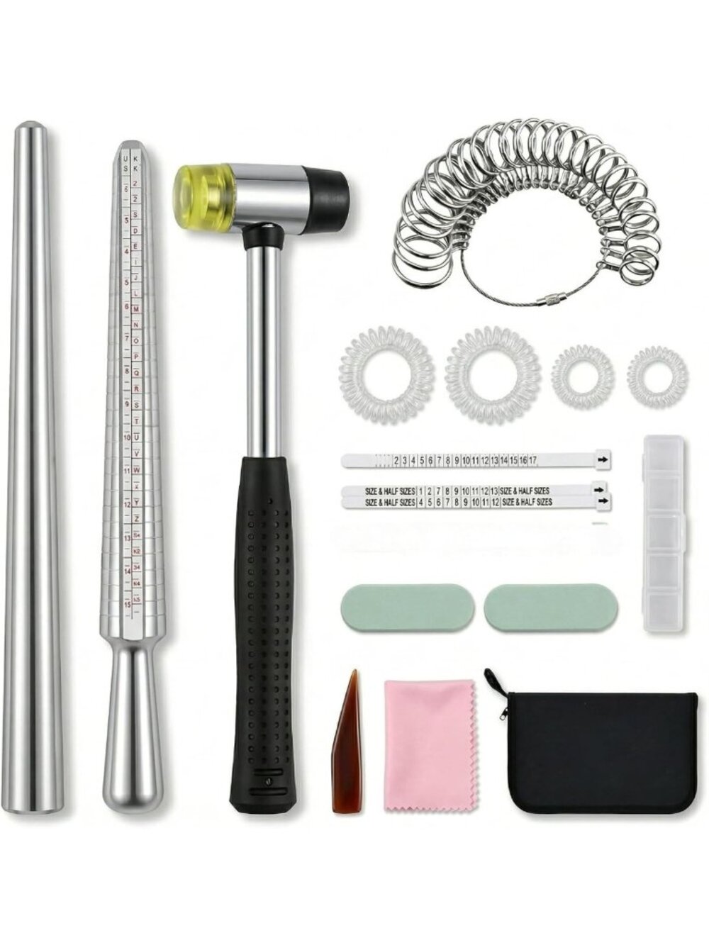 Jewelry Making Kit: 16-Piece Ring Sizer Tool Set with Mandrel, Hammer & Case